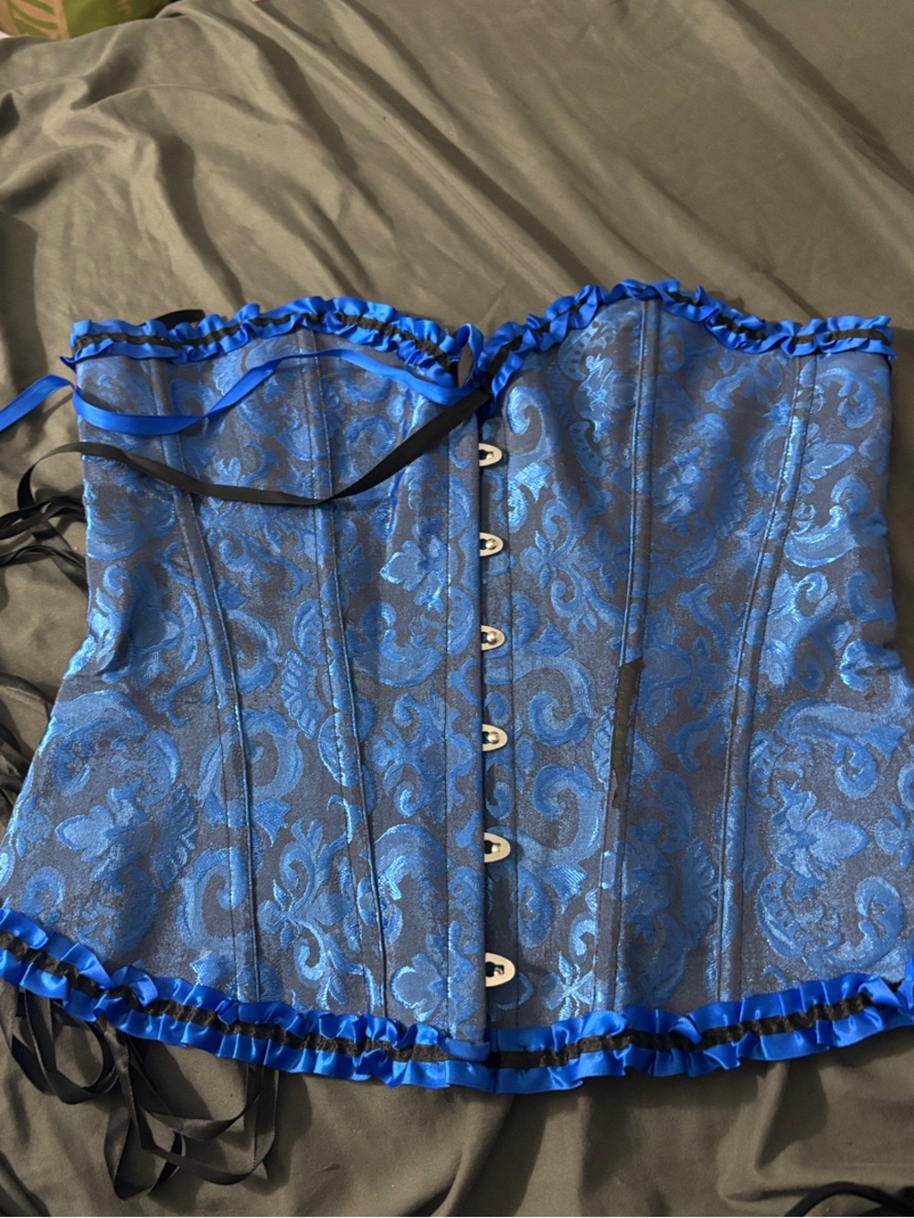 Blue Brocade Corset with Ruffle Trim
